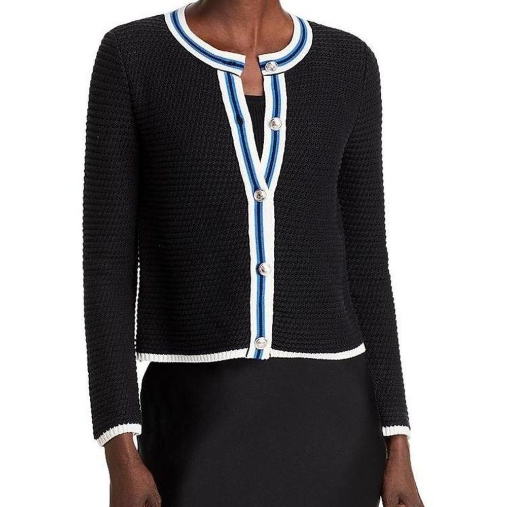 NWT Tahari Black‎ Sweater with Blue/White Stripe / Size S / MSRP $98